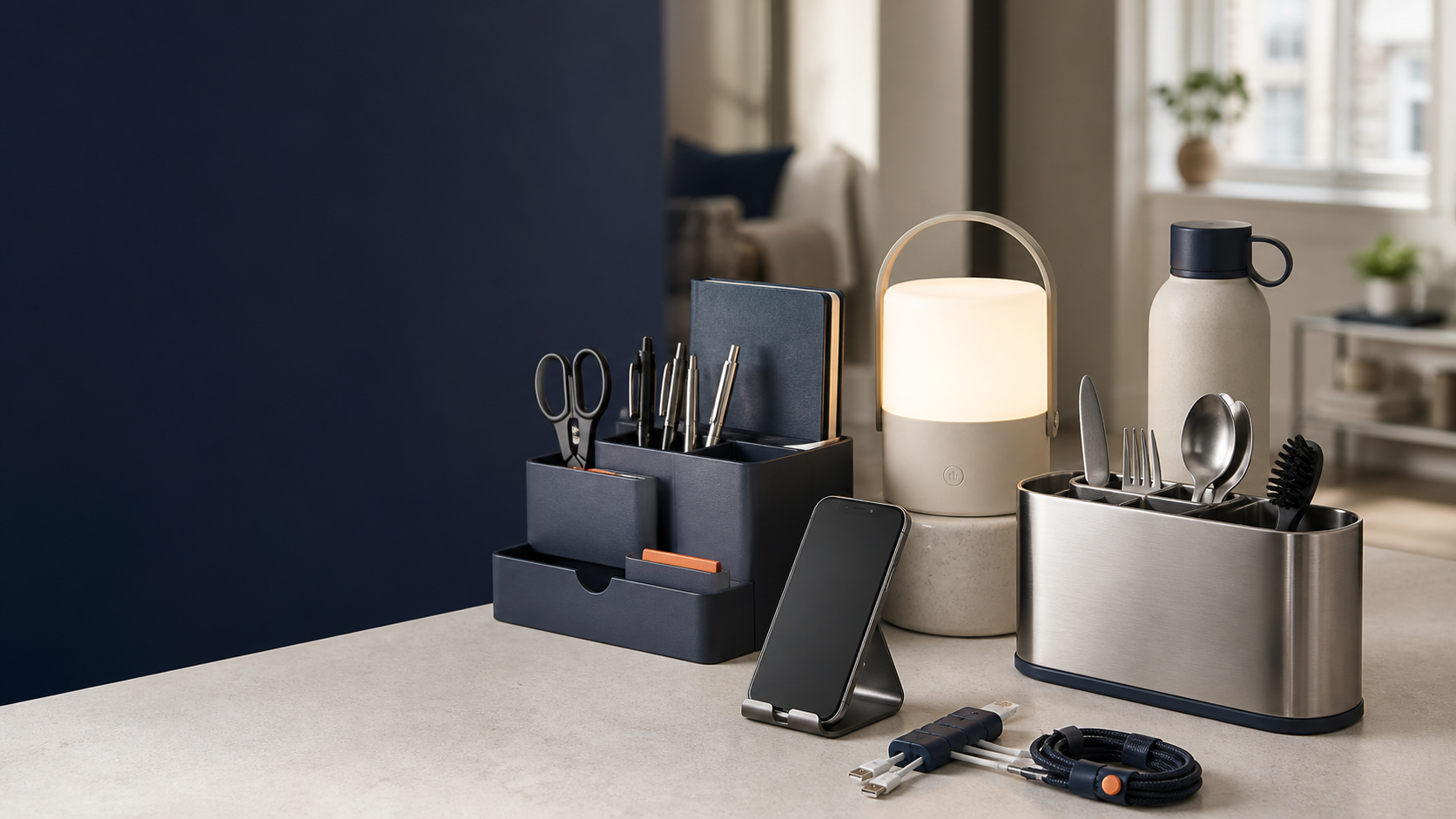 Smart home-produkter arrangeret i et moderne interiør