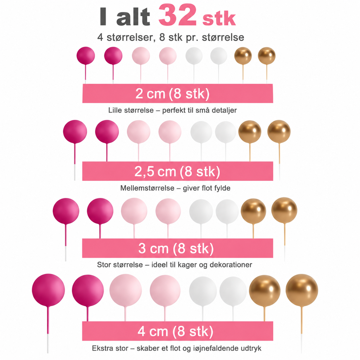 32-delt dekorativt perlesæt - farverige perler i pink, guld og hvid - borddekoration til fester og begivenheder - festartikler