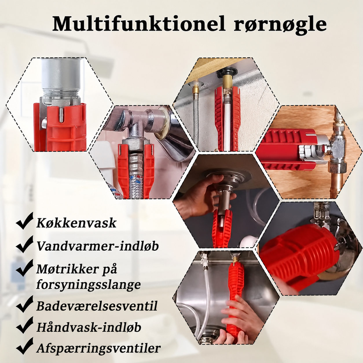 Værktøj til montering af vandhane, 14-i-1 vandhanenøgle, multifunktionel rørtang, badeværelses VVS-installation og reparationer, skruenøgle til lille toilet, køkken, badeværelse, toilet, vask.